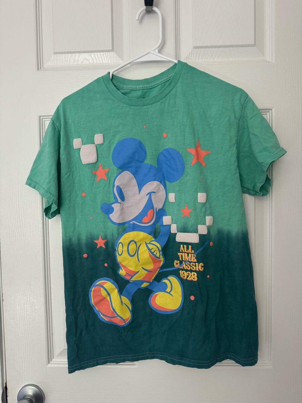 Disney Mickey Mouse Tie-Dye Retro Green and Blue Graphic T-Shirt Sz: Medium